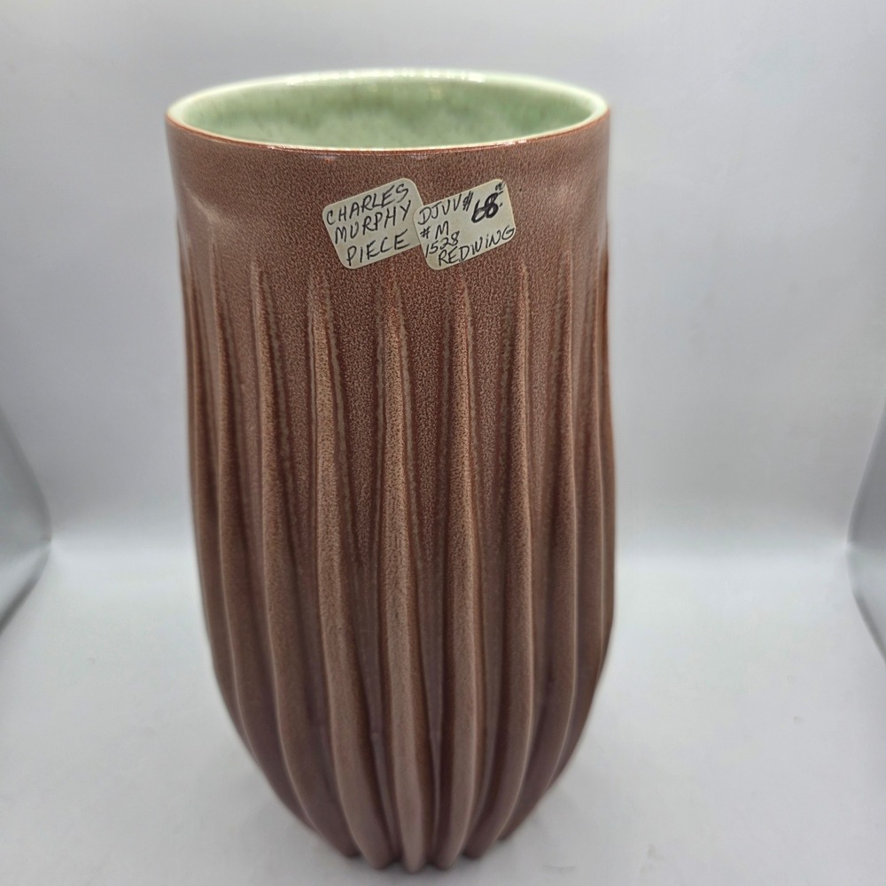 Vintage Red Wing Charles Murphy MCM Ribbed Art Pottery Vase Brown Green